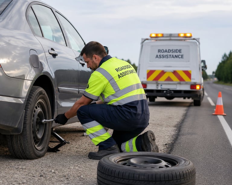 Roadside assistance worker in yellow vest changing a tire on a white car, with roadside assistance vehicle in background