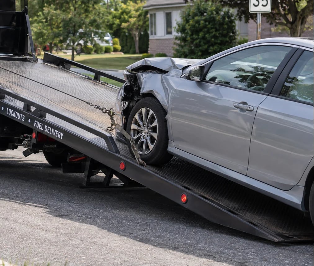 Silver damaged car being towed onto a flatbed tow truck on a residential street