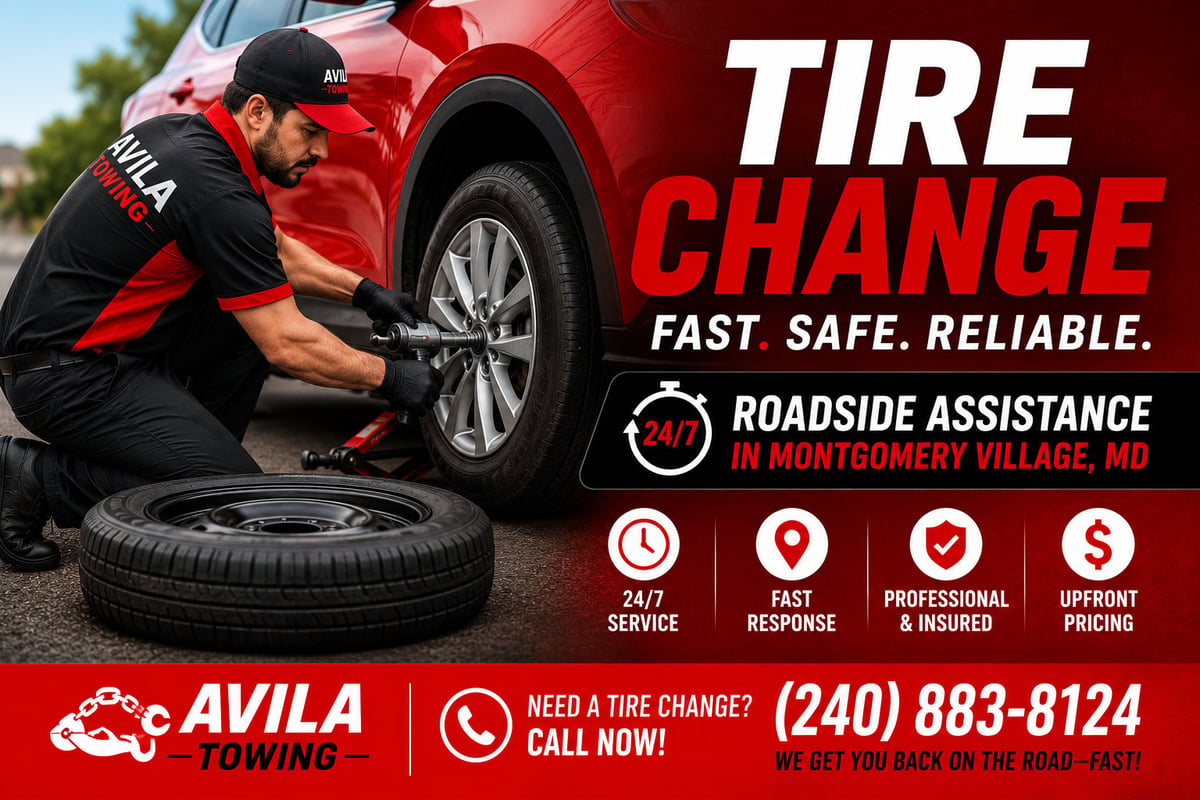 Tire change service Montgomery Village MD - 24/7 roadside assistance call 240-883-8124