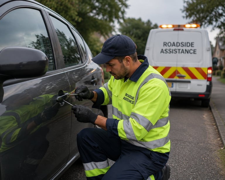 Roadside assistance technician in yellow safety vest repairs vehicle door lock on road with service van in background