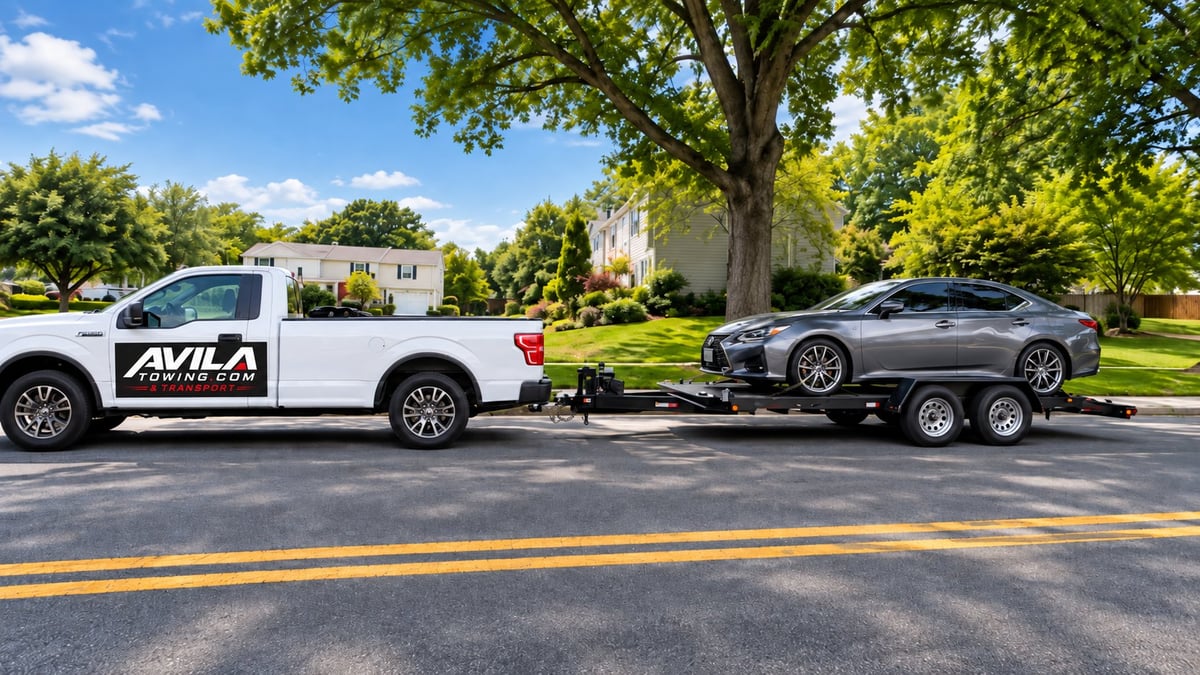 White Avila tow truck towing a dark gray sports car on a residential street with mature trees