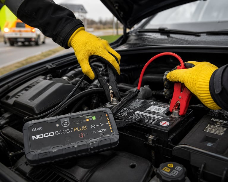 Person in yellow gloves using NOCO Boost Plus portable jump starter to charge a car battery with red and black cables connected