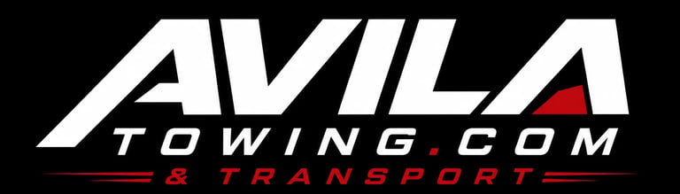 Avila Towing and Transport logo with white text on black background and red accent stripe